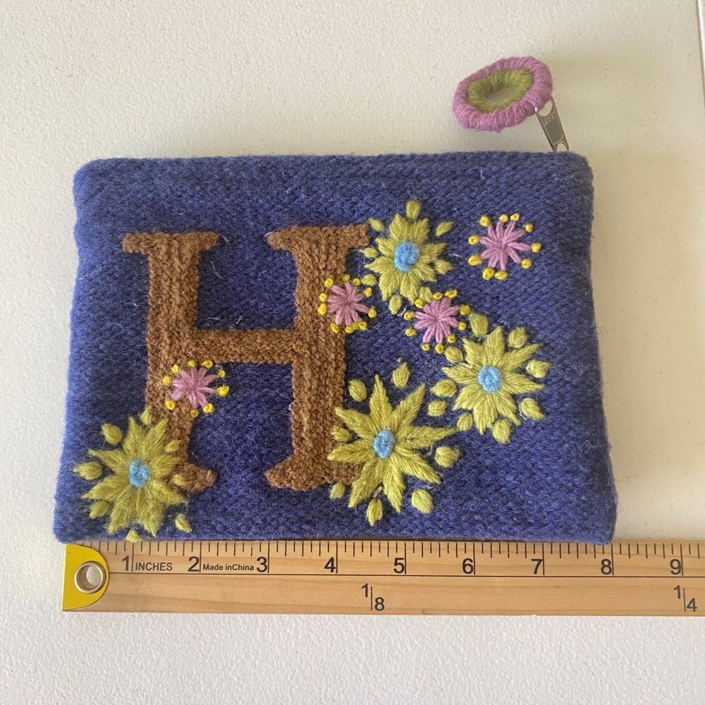 Jenny Krauss Wool Coin Purse H Floral Embroidered Handmade Peru Boho Artsy - Picture 6 of 7